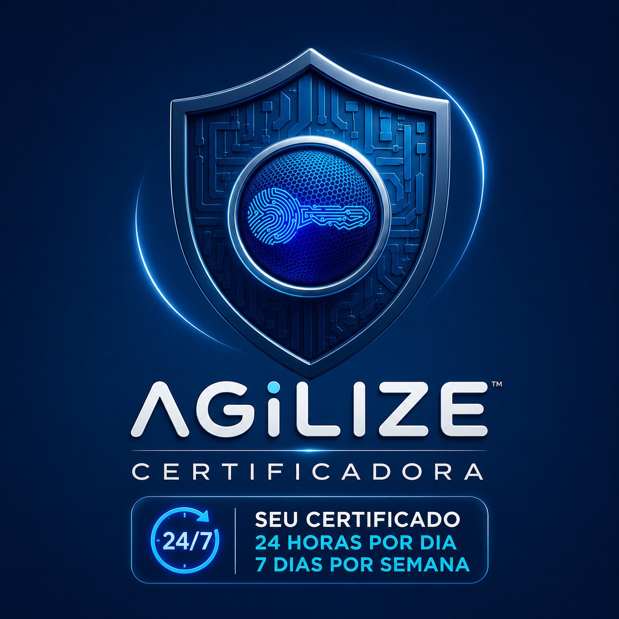 Escudo da Agilize Certificadora com circuitos e chave digital. Atendimento 24 horas, 7 dias por semana.